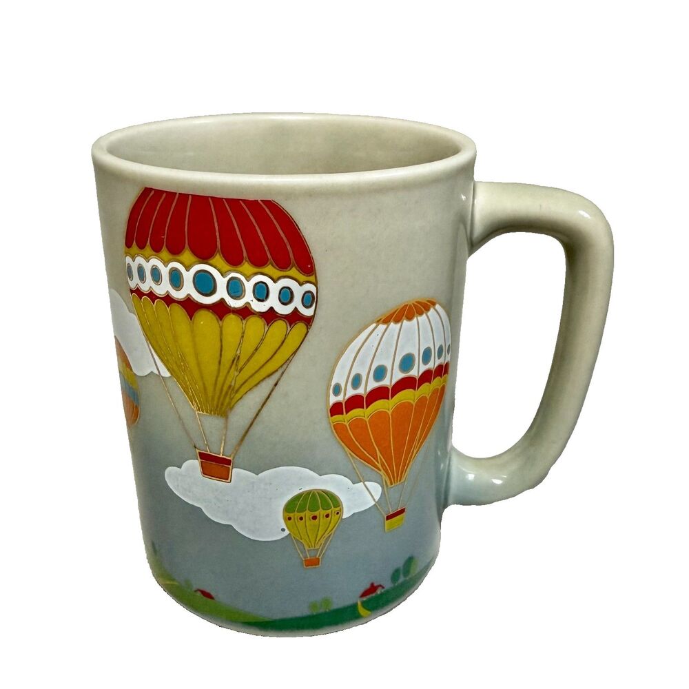 Vintage Otagiri Japan Gray Stoneware Hot Air Balloon Hand-Painted Coffee Mug